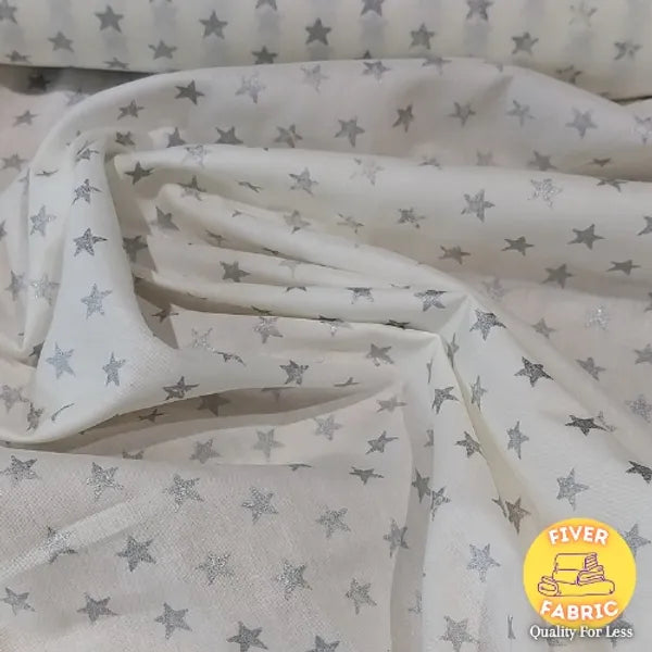 Silver Stars on White Cotton