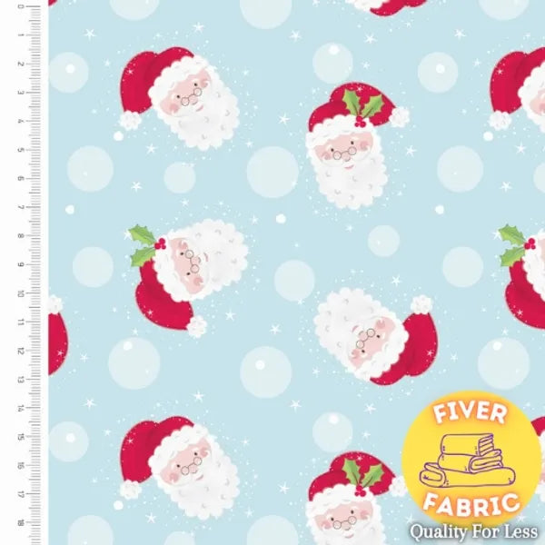 Santa Faces on Blue cotton
