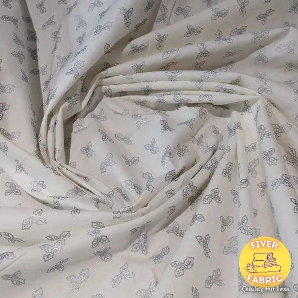 Silver Holly on White Cotton