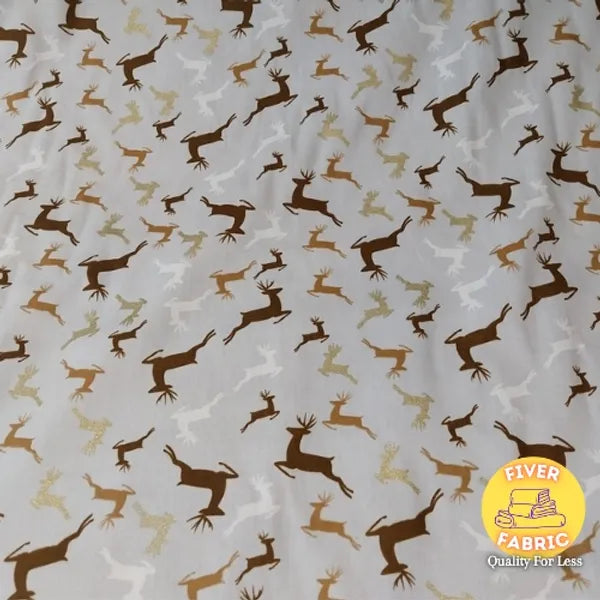 Jumping Reindeers on silver Cotton