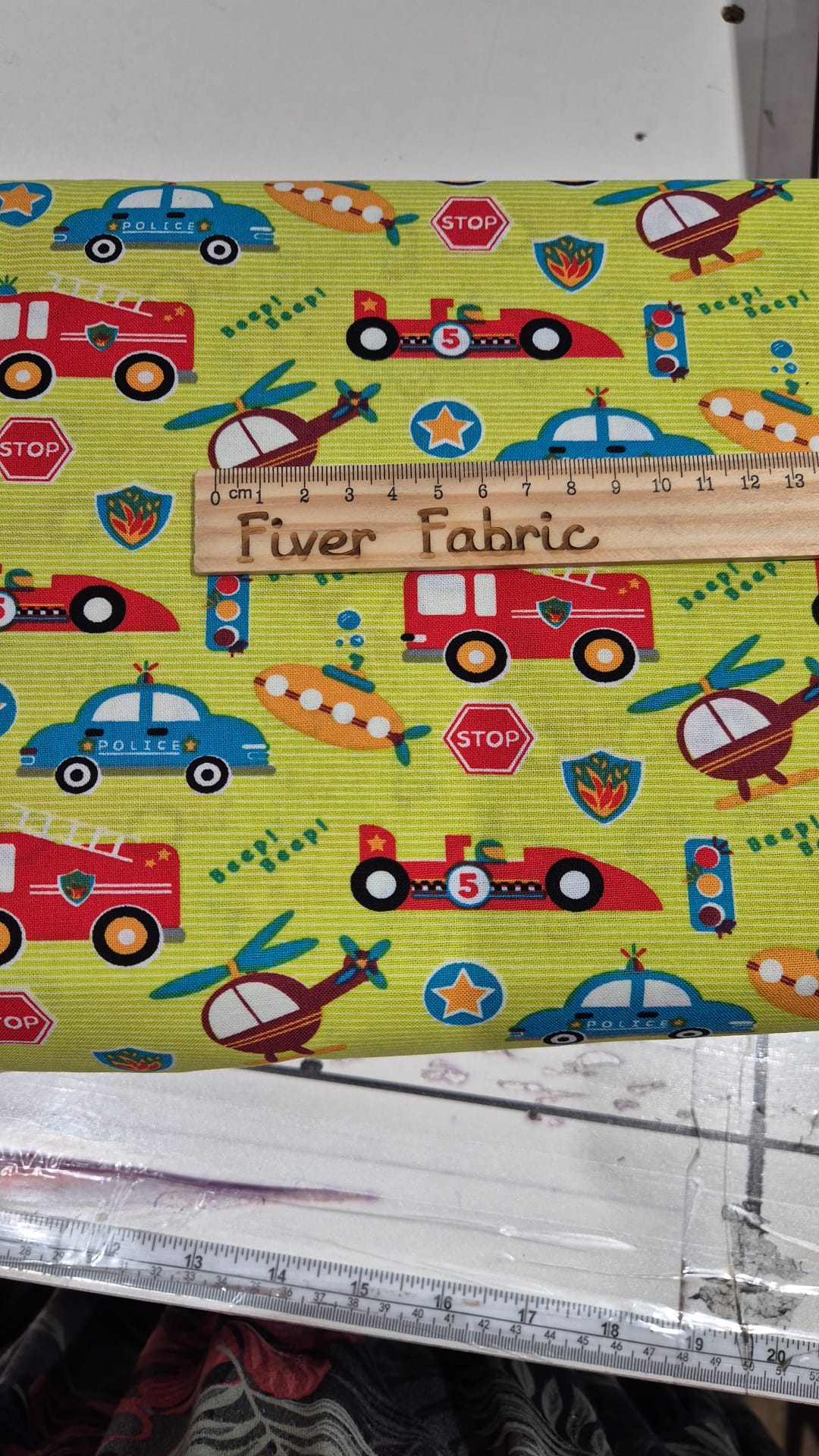 100% cotton cars, submarine, helicopters on green
