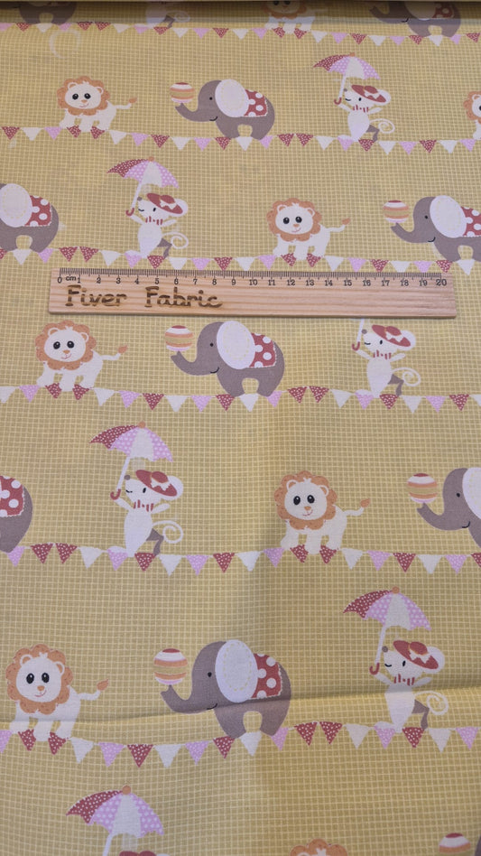 100% cotton circus animals on yellow
