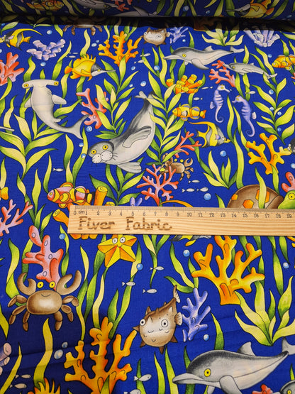 Under the sea 100% cotton on blue