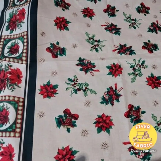 Holly and Bells Double Border Cotton on cream