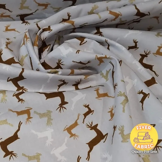 Jumping Reindeers on silver Cotton