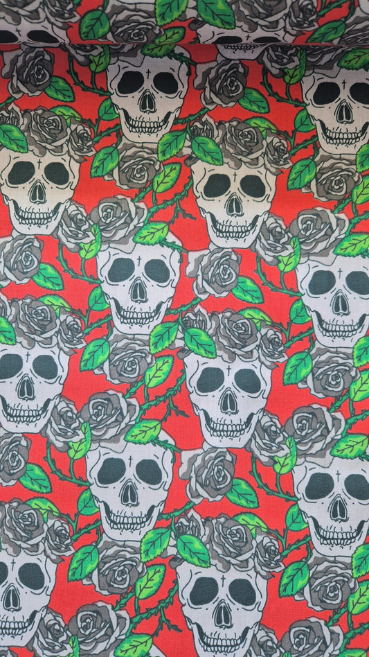 Skulls and Roses on Red