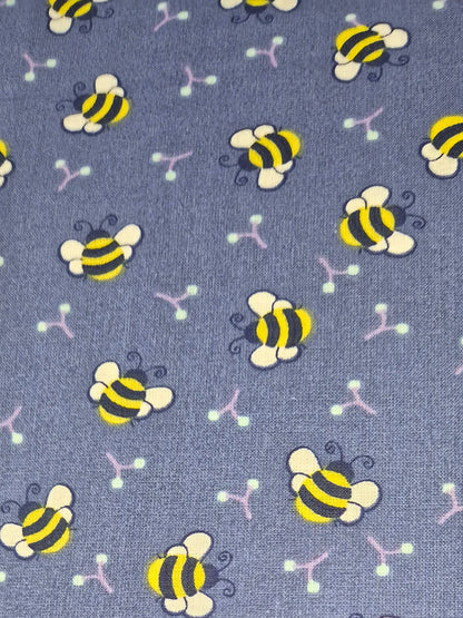 100% cotton bees on blue
