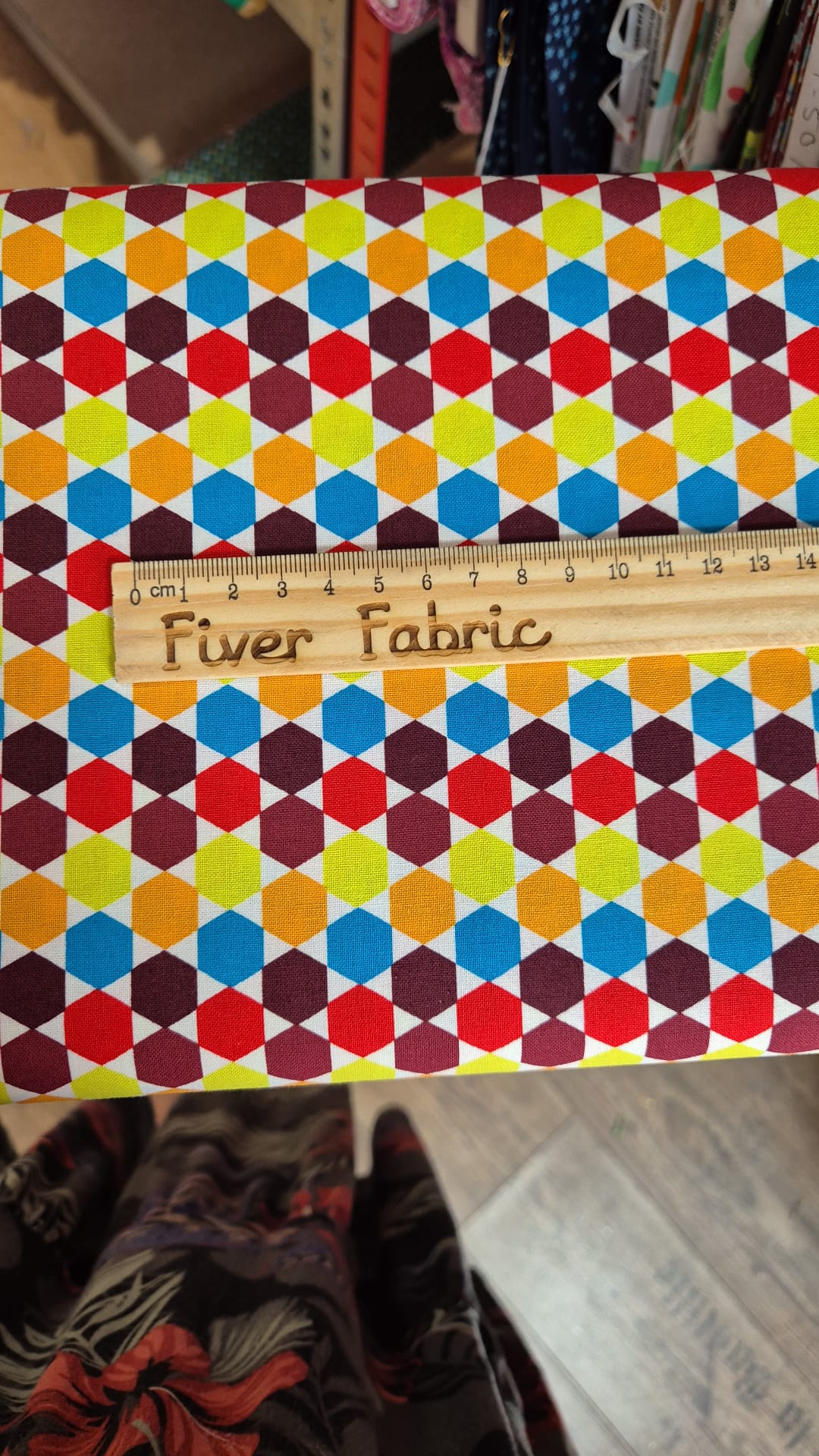 100% cotton hexagon red, blue, yellow, burgundy